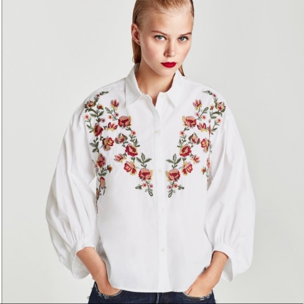 Zara Embroidered Floral Button up Blouse